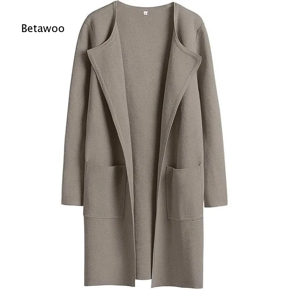 Women Casual Mid Long Knitted Outer Coat Lapel Collar Open Front Long Sleeve Functional Side Pockets Relaxed Daily Jacket