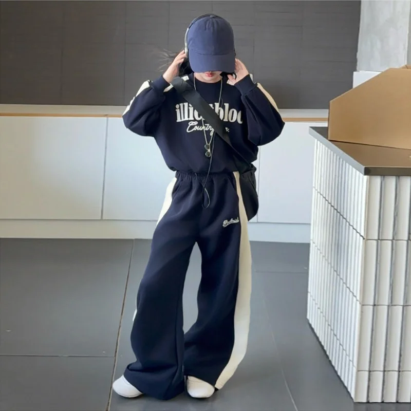 Teen Girls Fleece Tracksuit Autumn Winter Thick Warm Sweatshirt Two-Piece School Casual Sportswear Set Children's Clothing 5-14Y