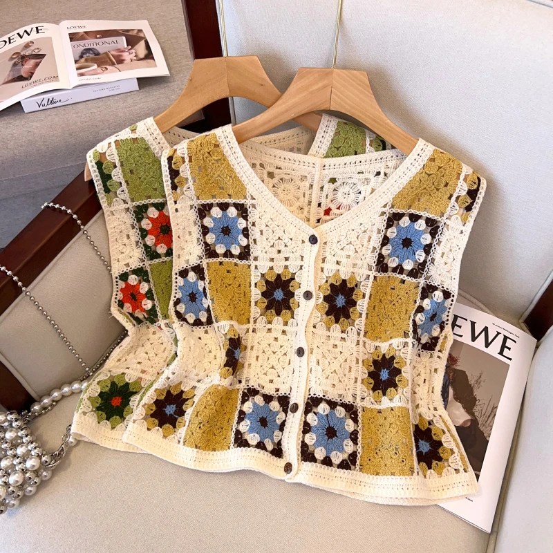 Flower Colored Hollowed Out Knitted Vest Women\'s Summer V-neck Geometric Floral Cardigan Vintage Loose Crop Top Waistcoat