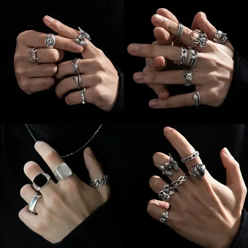 Dark Style Accessories Men Heavy Metal Punk Exaggerated Skeleton Poker Clown Ring 6-piece Set