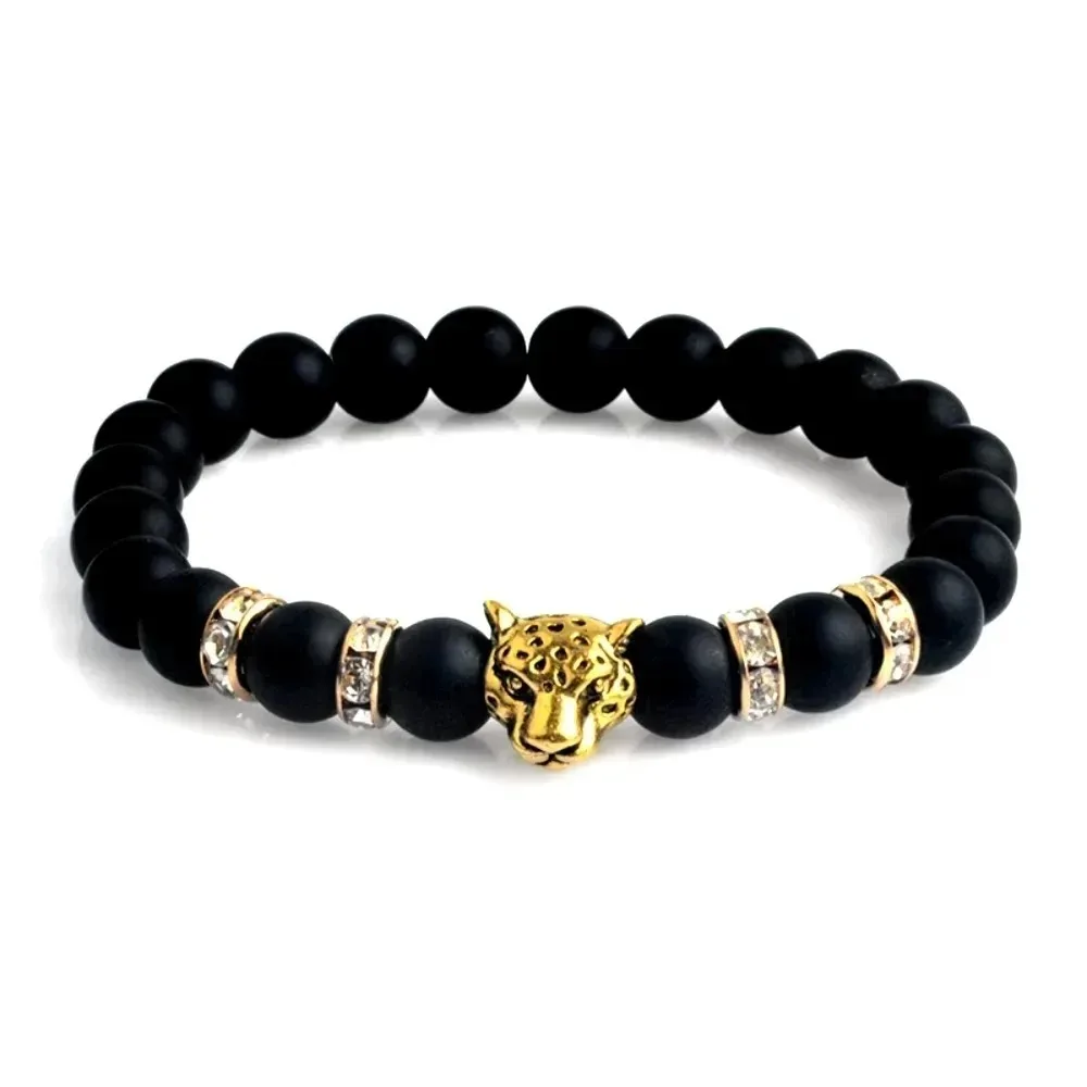 Men Matte Black Onyx Tiger Leopard Beaded Bracelet Natural Stone Lucky Charm Strand Bracelet Fashion Jewelry Accessories Gifts