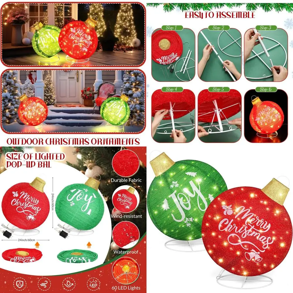 

Giant Lighted Pop-Up Christmas Ball Ornaments Set, Outdoor Yard Lawn Decorations, 24 Inch, Red Green, Joy Merry