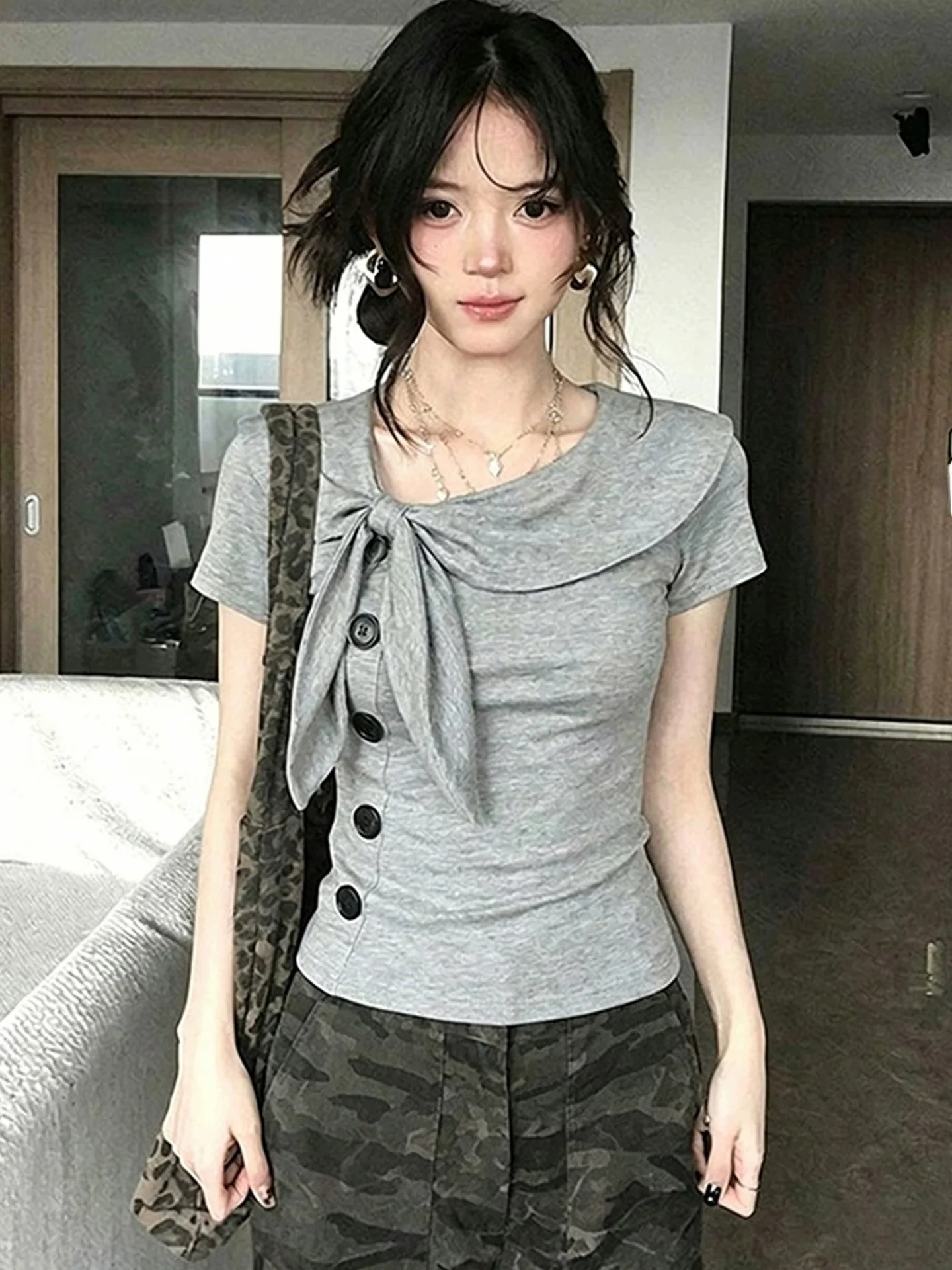 Summer Slim Fit Short Sleeve T-Shirt Women's Fashion Design Choker Necktie Shoulder High Waist Short Top Korean Style Butterf...