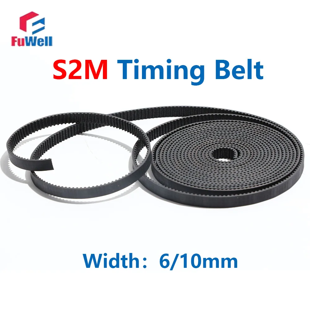 FuWell S2M Black Rubber Toothed Timing Pulley Belt 6mm/10mm Width Synchronous Transmission Belt S2M Open Type for 3D printers