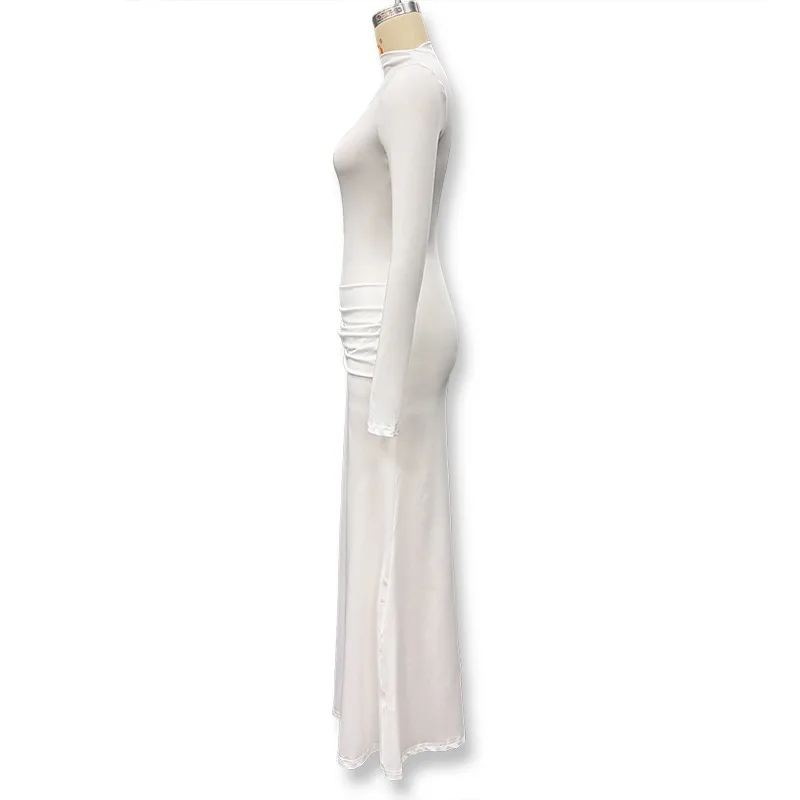 Patchwork Gerafftes Bandkleid für Damen Sexy Rollkragen Elegantes Hochgeschnittenes Abendkleid mit Langen Ärmeln – Detail 11