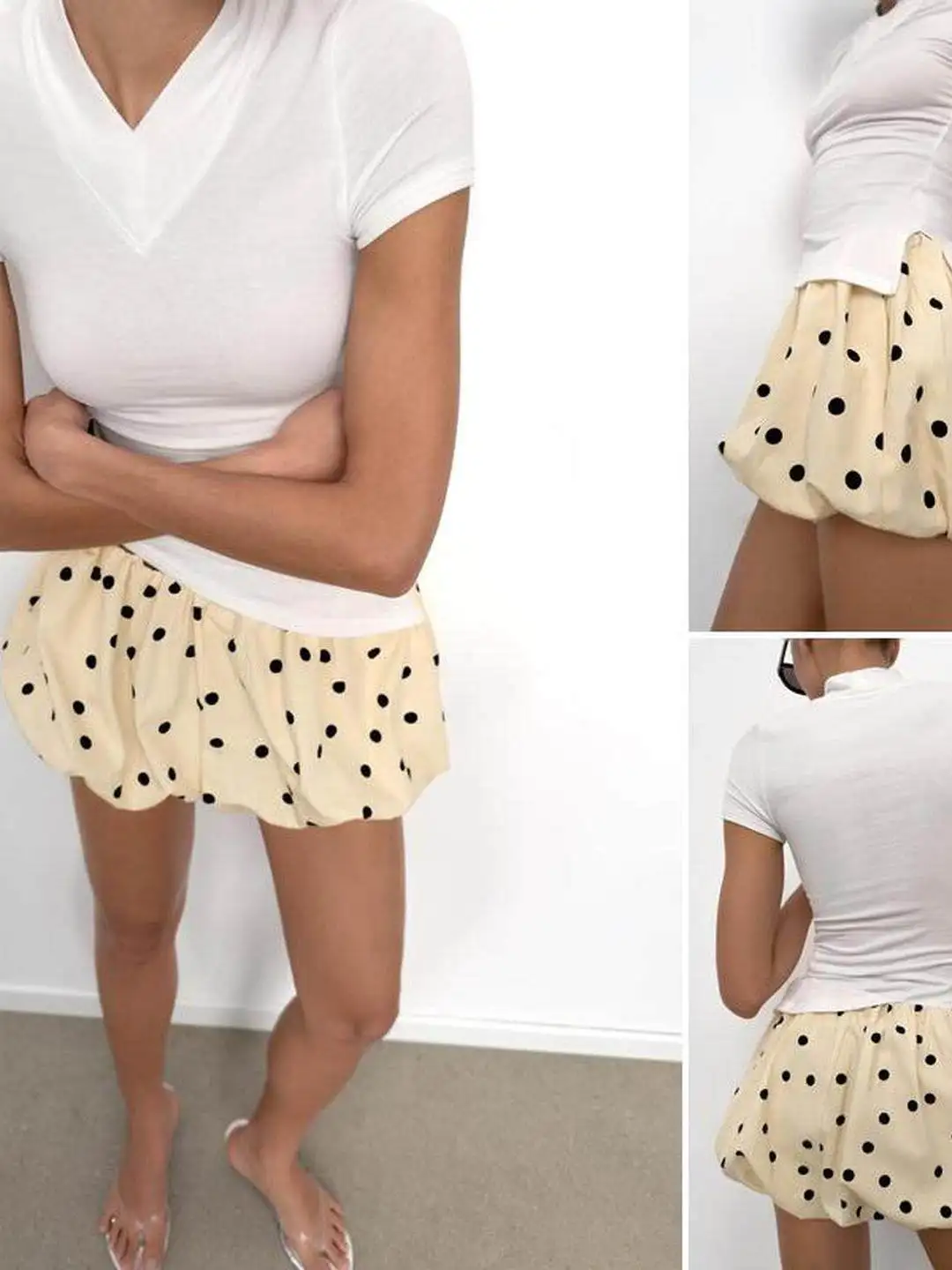 Summer New Polka Dot Belted Elastic Waist Balloon Style mid Waist Ultra Short Pants Women's Fashion Inner Lined Skirts