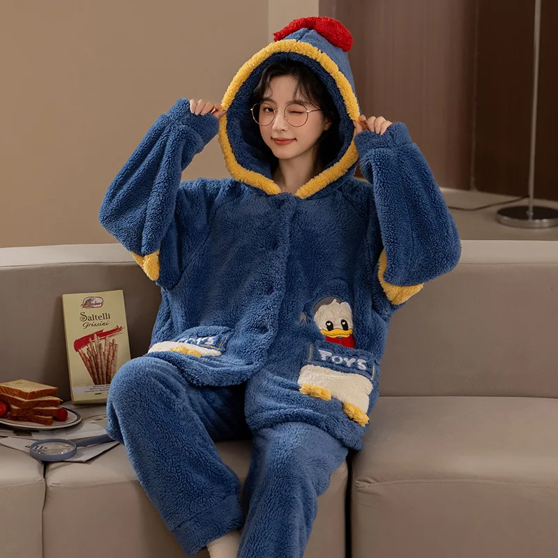 Cartoon Disney Donald Duck Pajamas Winter Hooded Pants Two-piece Warm Women's Pajamas Silk Pajamas Women's Loungewear Set