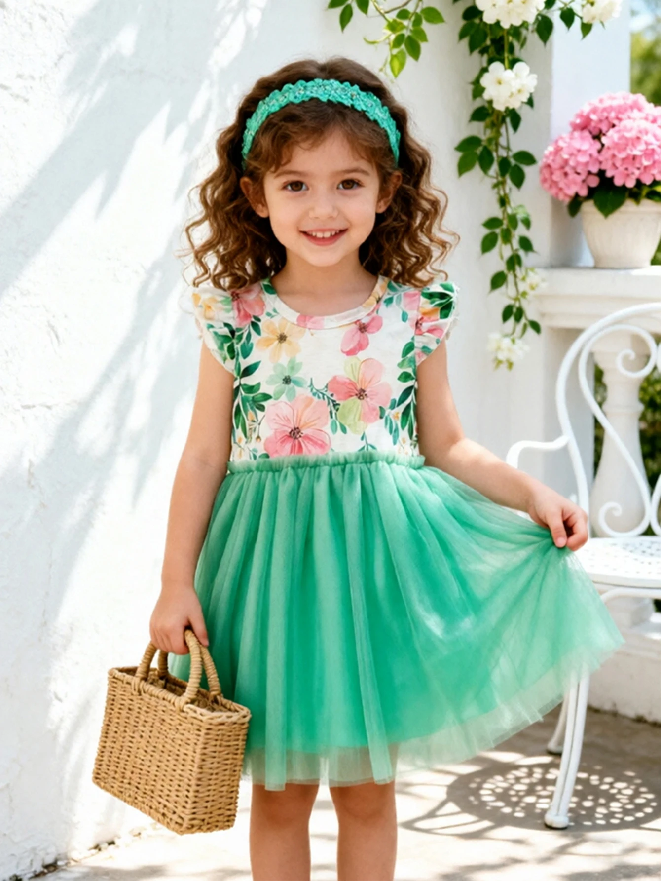 Robe d'été pour filles, imprimé floral, manches à volants, tutu en maille, robes de princesse, tenues de fête pour enfants, vêtements décontractés pour filles de 1 à 8 ans