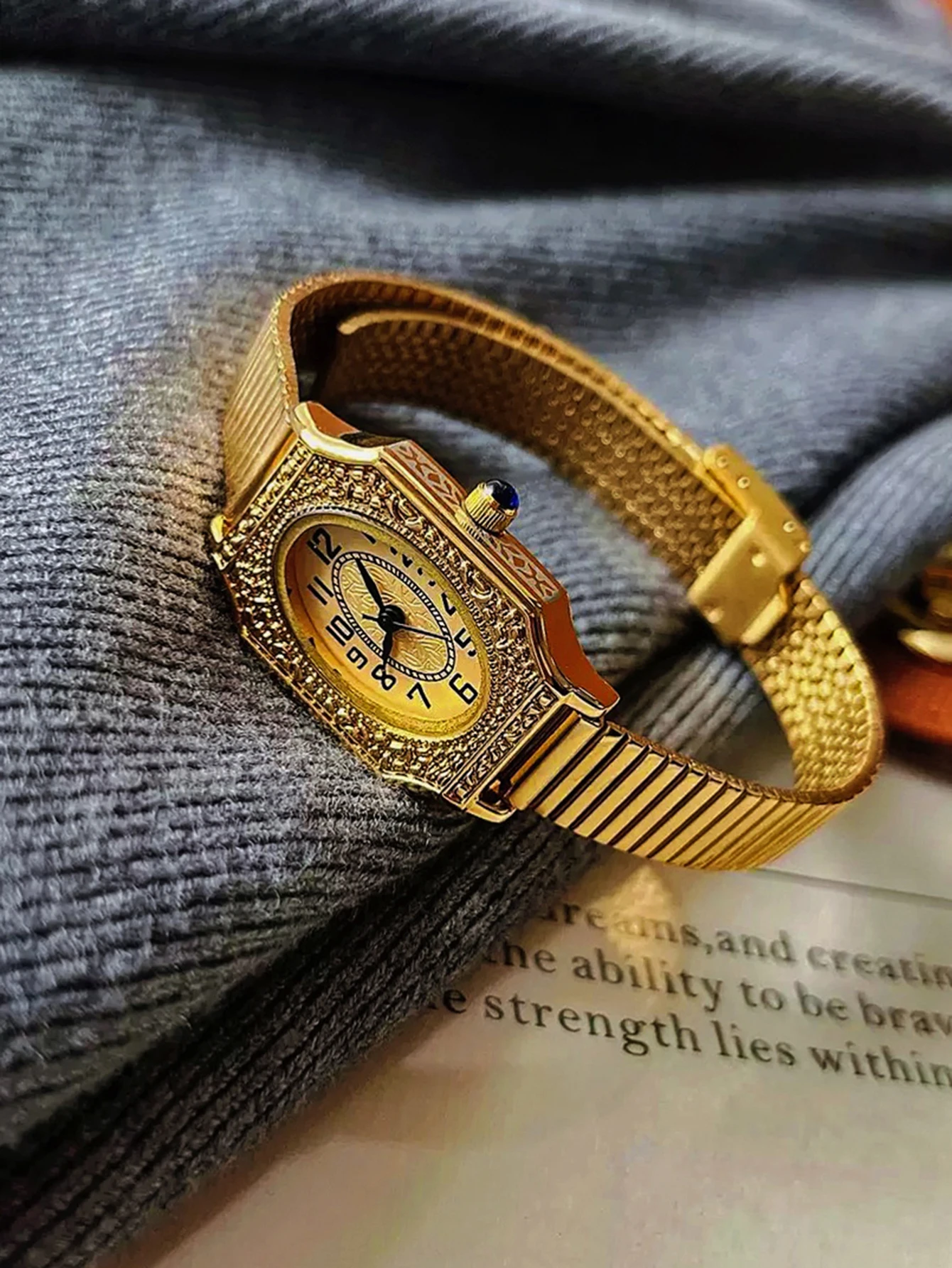 Gold French Retro Women's Quartz Watch Stainless Steel Strap Waterproof Dress Wristwatch Rectangle Dial Casual Birthday Gift