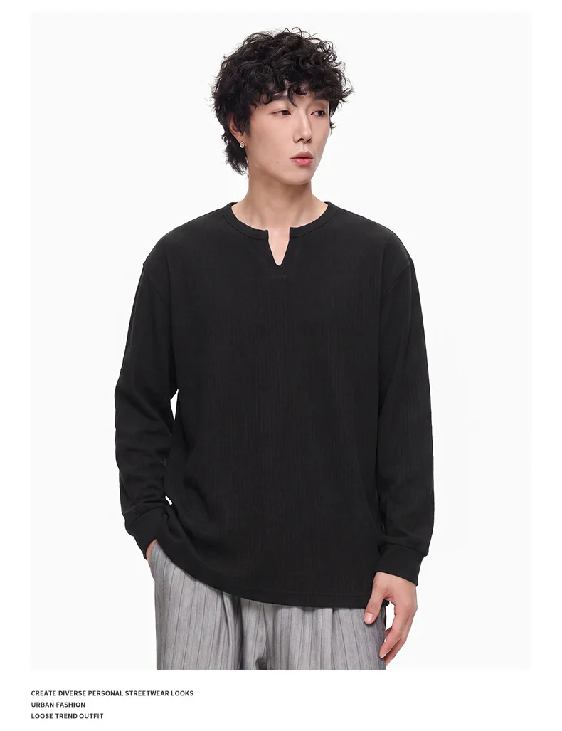 PFNW Versatile Solid Color Casual Base Shirt Men's V Neck Textured Long Sleeve T Shirt 2026 Autumn New Tide 28L3528