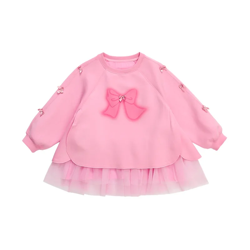 1-7Y Girls' dress Spring 2025 new baby girls sweet mesh bow splicing hoodie dress children's princess 90-150cm dress