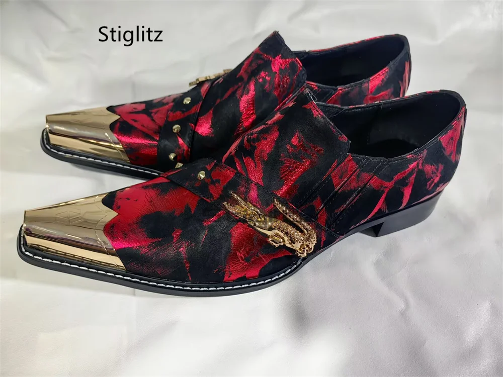 Crocodile Rivet Strap Red Dress Shoes for Men Mixed Color Genuine Leather Metal Pointed Toe Loafers Handmade Party Wedding Shoes
