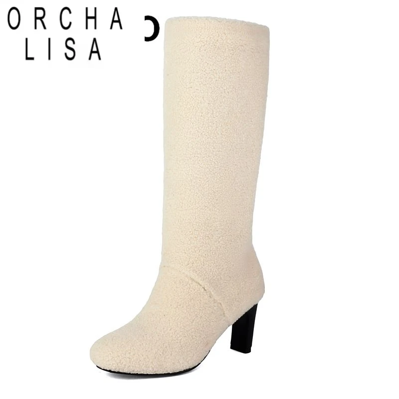 

ORCHA LISA Новое поступление зимних сапог для женщин без шнуровки размера плюс 44, теплые до колена, повседневные ботинки из флока с круглым носком, блочный каблук 7,5 см