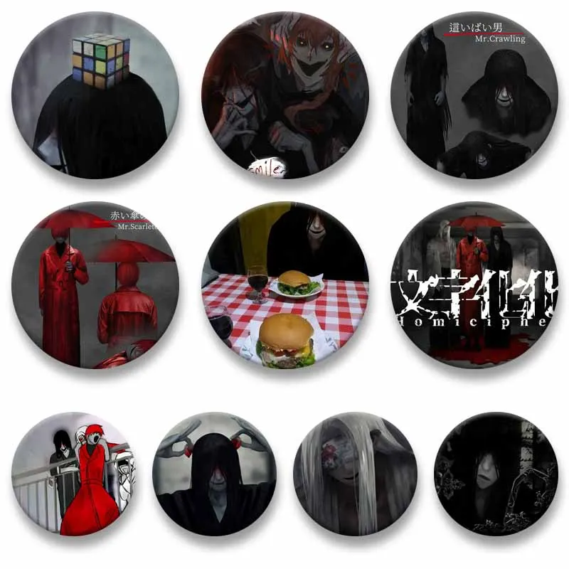 Horror Survival Game Homicipher Badge Demon Mr. Crawling Enamel Pins Round Snap-in Brooch for Backpack Shoes Jewelry Accessories