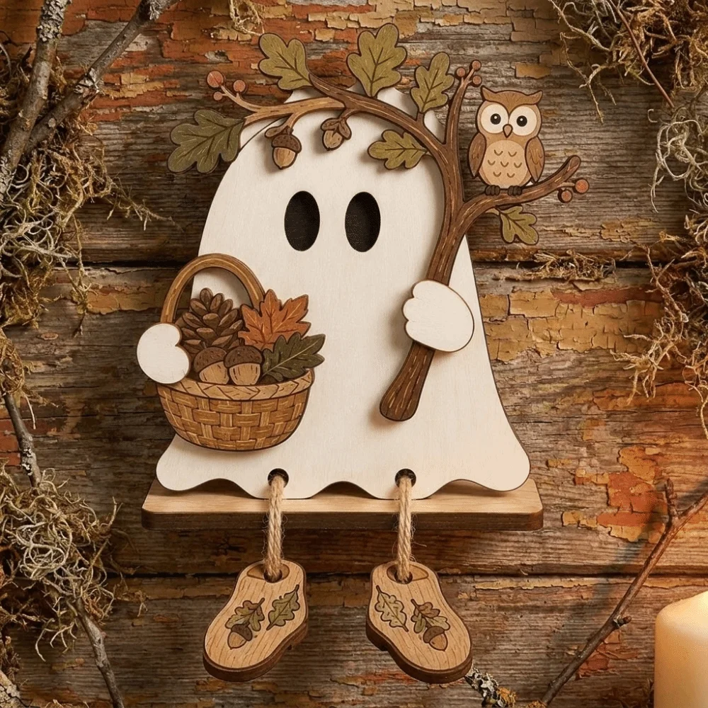 Fun Shape Halloween Wooden Ghost Signs Handmade Rustic Ghost Figure Tabletop Sign 2D Flat Decorative Ghost Table Ornament