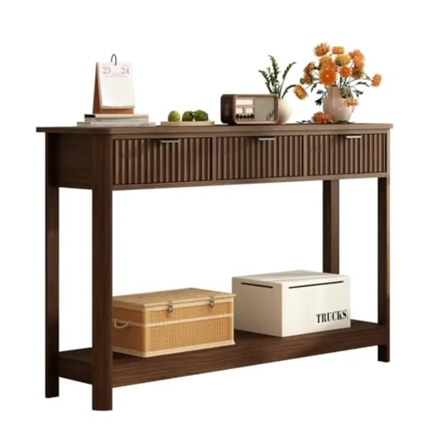 Fluted Wood Console Table for Entryway, Natural Wood Tone, 3-Drawer Boho Design with Smooth Gliding Function