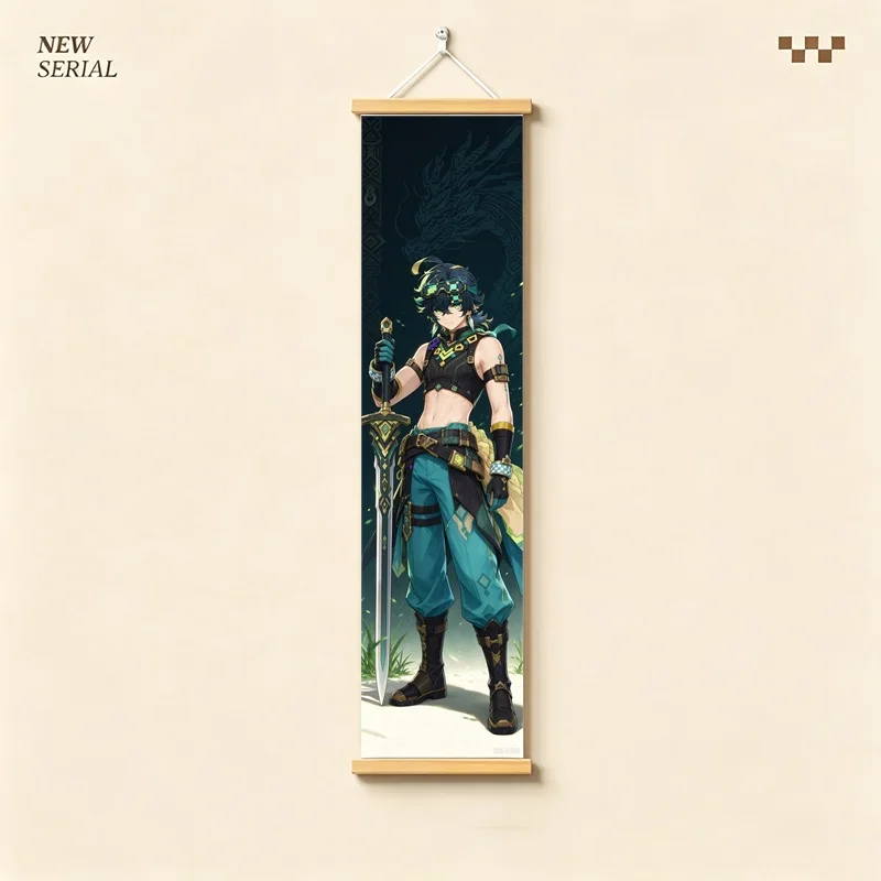 Hanging Scroll Wall Art of Genshin Impact Kinich with Green Energy Motifs on Silver Shimmer Canvas for an Anime Bedroom