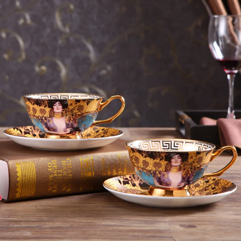 Coffee Cup And Saucer Set Klimt Judith Vintage Bone China Cafe Cup Gustav Klimt Porcelain Tea cups with Spoon Drinkware Coffeewa