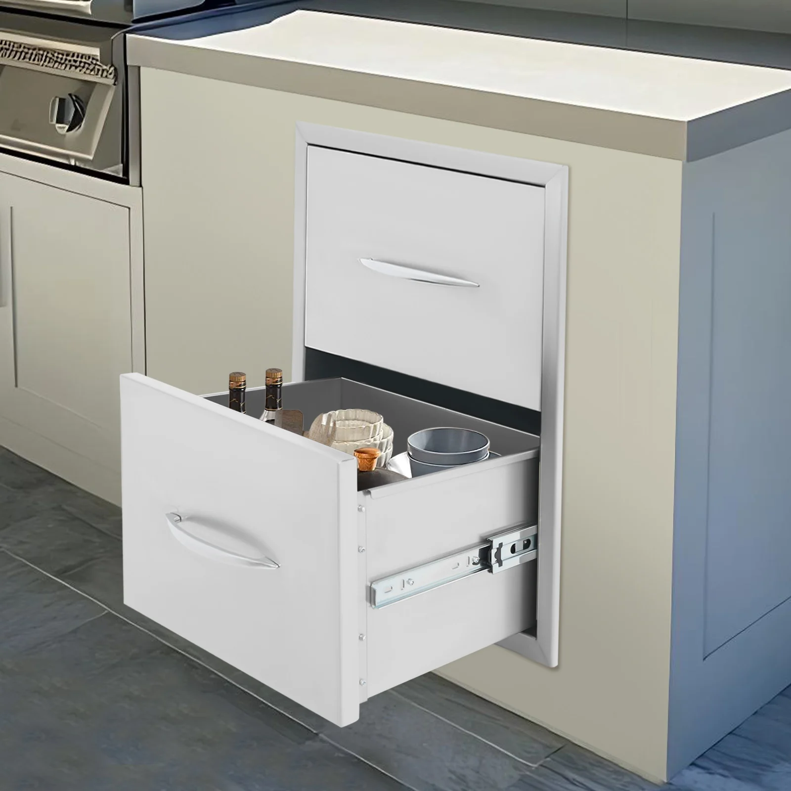 

Выдвижные ящики для уличной кухни, двойные ящики из нержавеющей стали с выдвижными направляющими для хранения