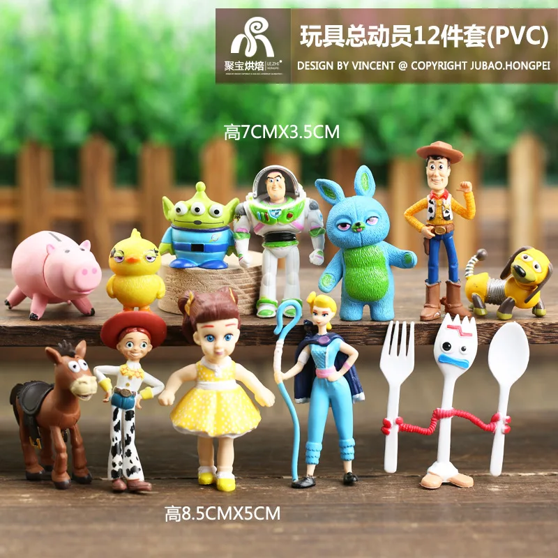 12Pcs/Set Disney Anime Toy Story 4 Woody Jessie Buzz Lightyear Bullseye Forky Ducky Bunny PVC Figures Toys