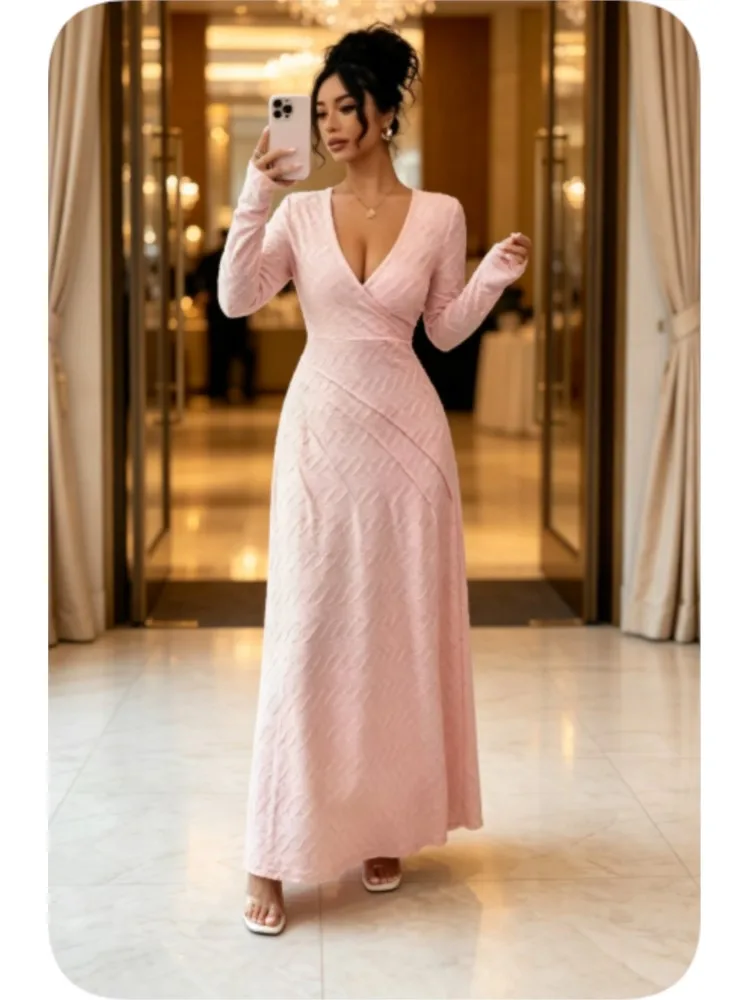 Women Elegant V Neck Long Sleeve Maxi Dress Textured Wrap Bodycon Long Dress Fall Evening Party Formal Long Dresses Robe Femme
