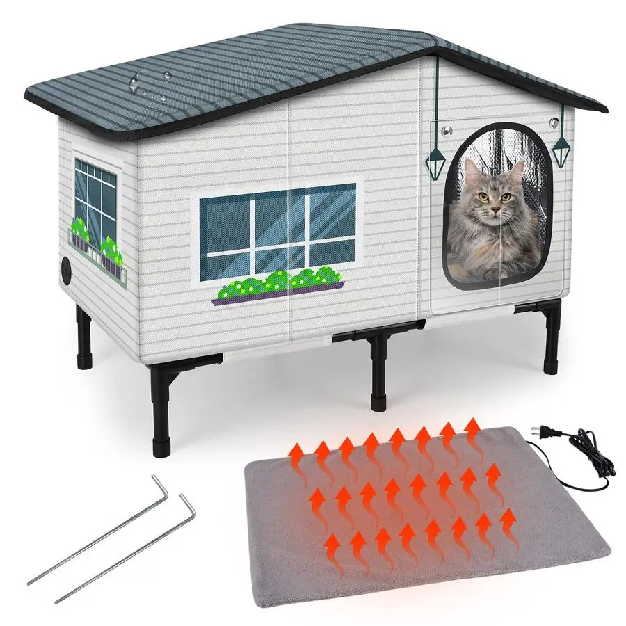 

Weatherproof Heated Cat House for Outside Cats, Outdoor Cat House with Cats Heated Pad for Winter, Insulated Heating Cat Houses