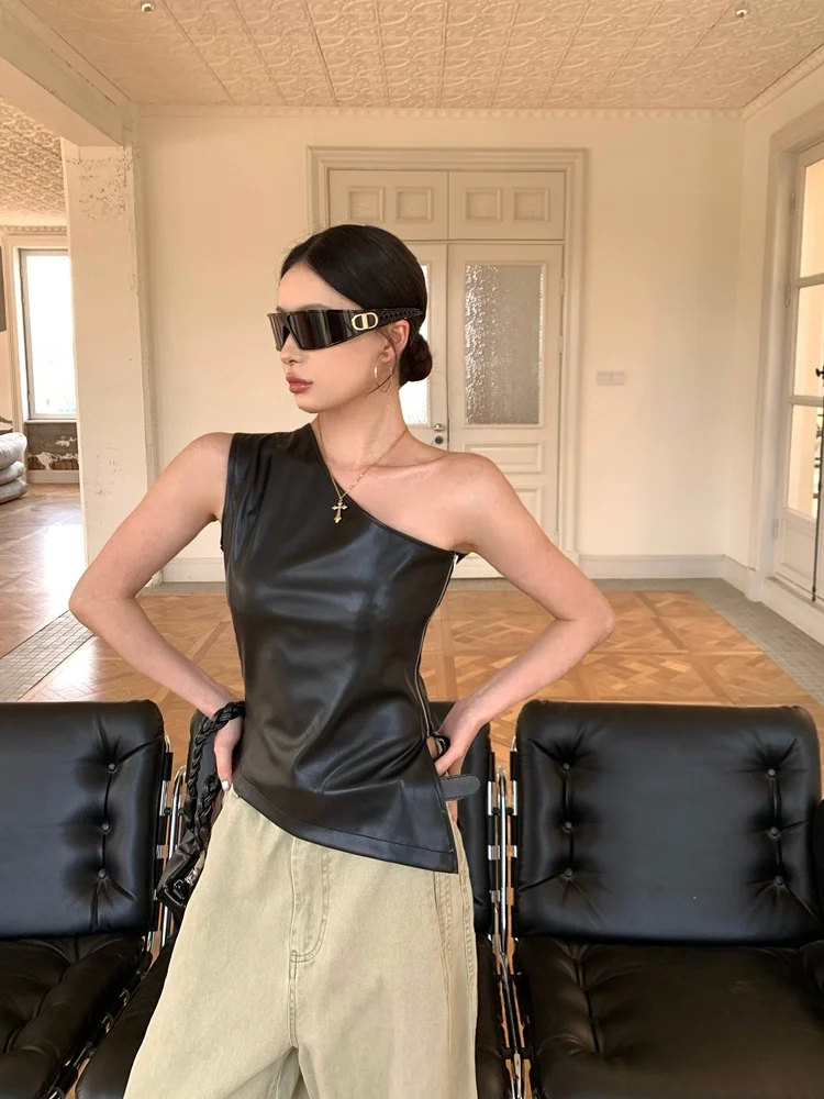 

Vcansy High Waist Slim Fit PU Leather oulder Baring Top Women's Faion Design Csole Tank Top Internal Wear ort Sle