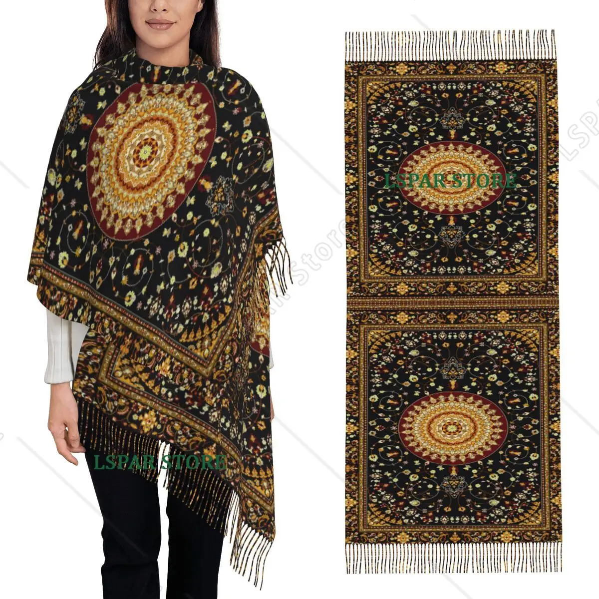 Bohemia Ethnic Antique Persian Carpet Tribal Rug Style Scarf Tassel Scarves for Women Shawl and Wrap Long Fall Winter Shawl Wrap