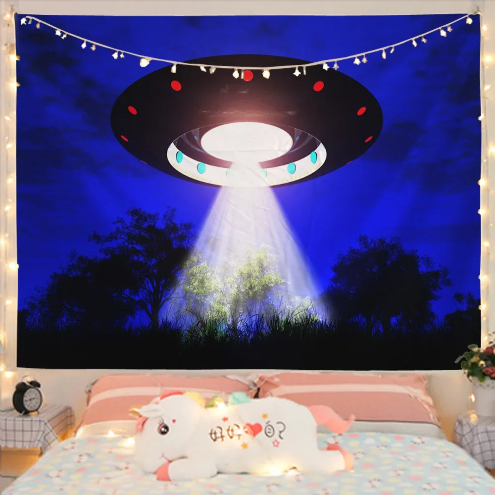 Mysterious Spacecraft Tapestry Hanging Exoplanet Theme Dorm Decor Starry Sky Universe for Bedroom Living Room Home Decorations