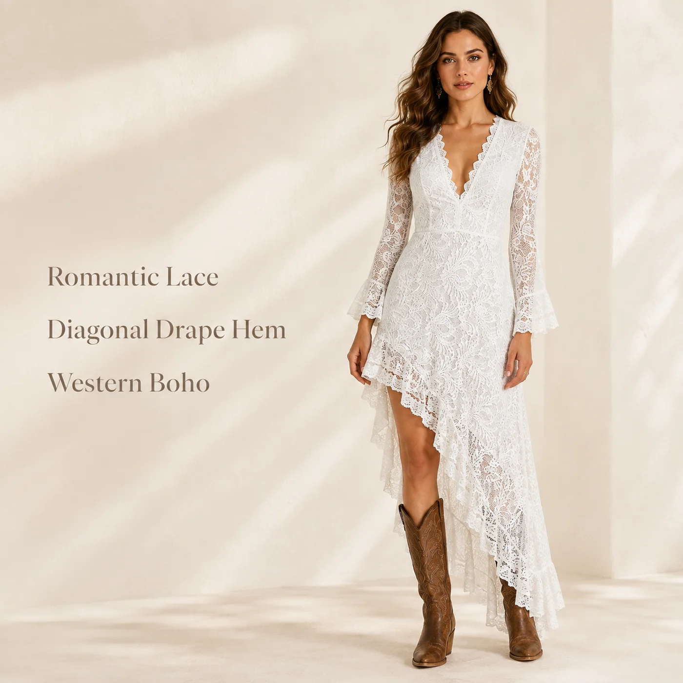 Women's White Lace Boho Dress Deep V-Neck Long Sleeve Diagonal Asymmetrical Hem Ruffle Vintage Western Party Vacation Dress