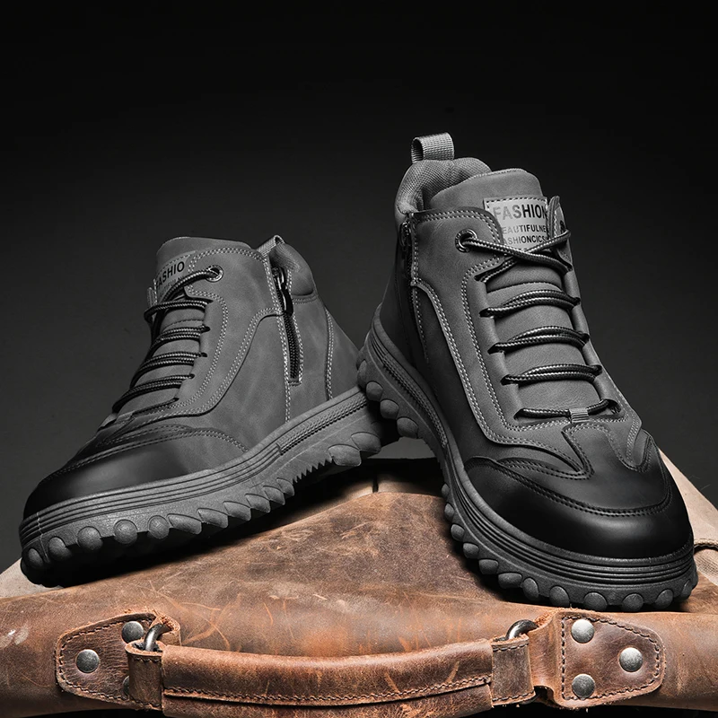 Casual Shoes Motorcycle Boots High-Top Winter New Style Cotton Shoes Rubber Outsole Round Toe Flat Heel Men's Leather Boots