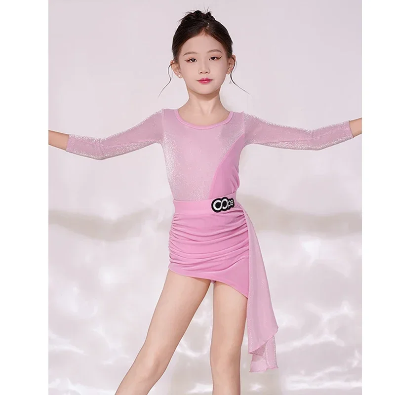 Pink Latin Dance Dress Girls Performance Costume Kids Rumba Cha Cha Dance Clothes Long Sleeves Dress Suit Practice Wear