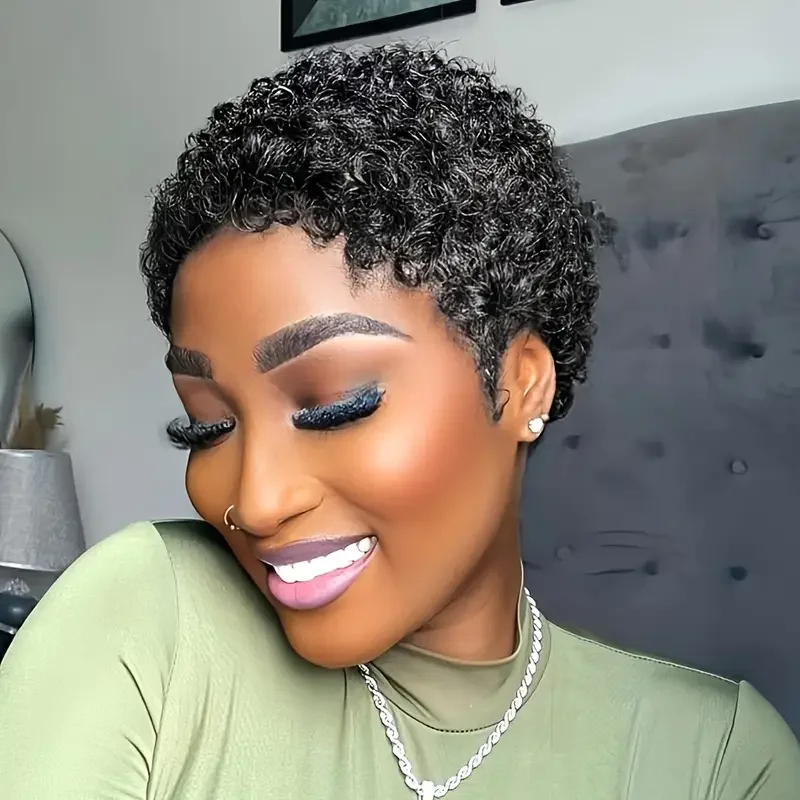 วิกผมทรงพิกซี่คัตสีดำธรรมชาติสำหรับผู้หญิงผิวดำ วิกผมสั้นแบบเลเยอร์ทำจากผมแท้ ผลิตด้วยเครื่องจักร สำหรับใช้ในชีวิตประจำวัน