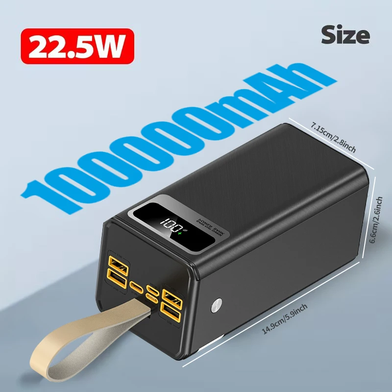 Image of 100000mAh tragbare Powerbank, unterstützt 22,5W PD-Schnellladung, fünf Ausgangsanschlüsse, drei Eingangs- und Ausgangsanschlüsse, LED-Anzeigebildschirm, geeignet für verschiedene elektronische Geräte,