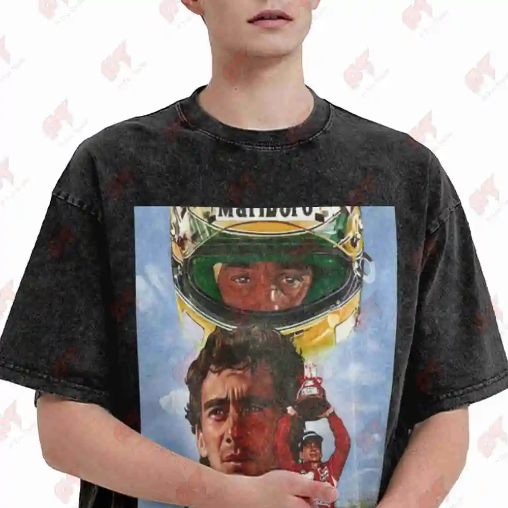 Classic Racing Retro Toni Senna Drawing Vintage Washed Tee Pure Cotton T-Shirt