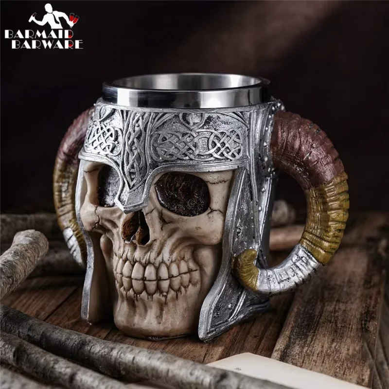 600ml Viking Skull Mug Stainless Steel Coffee Cup Skeleton Resin Beer Stein Tankard Drinking Tea Mugs Halloween Mug Decoration