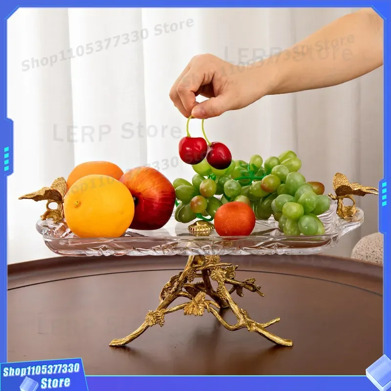 Rectangular Crystal Glass Fruit Plate with Brass Foot Flat Tray for Living Room Tea Table Household Pastry Snack Serving Dish