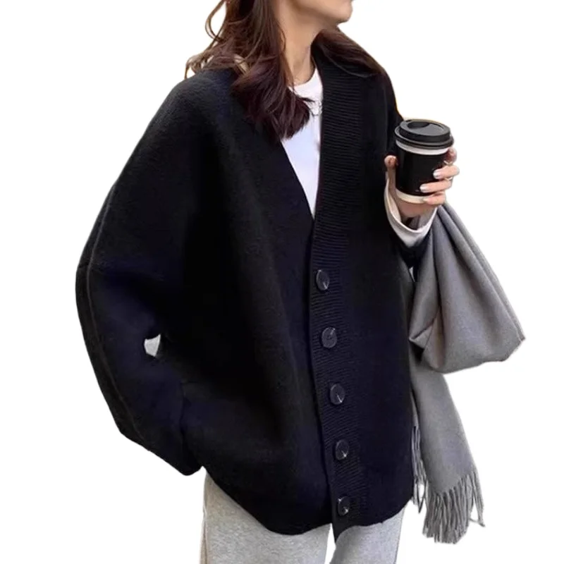 

Black Sweater Jacket for Women in Plus Size 2025, Thick for Outerwear, Retro Mid Length, Lazy and Loose V-neck Knitted Cardigan