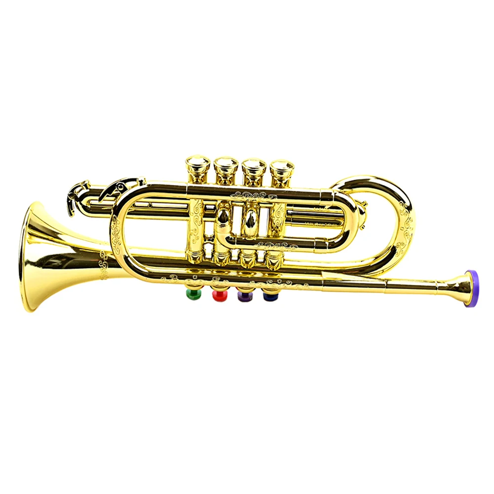 Professional Metallic Gold Trumpet Musical Educational Toy Music Playing Tool with 4 Colored Keys for Children Child Gift