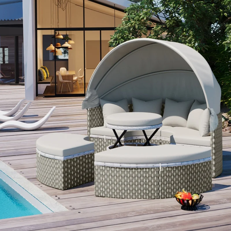 Luxury Modern Gray Round Curved Separate Seating Retractable Canopy Rattan Daybed Outdoor Sectional Sofa Set For Gardens