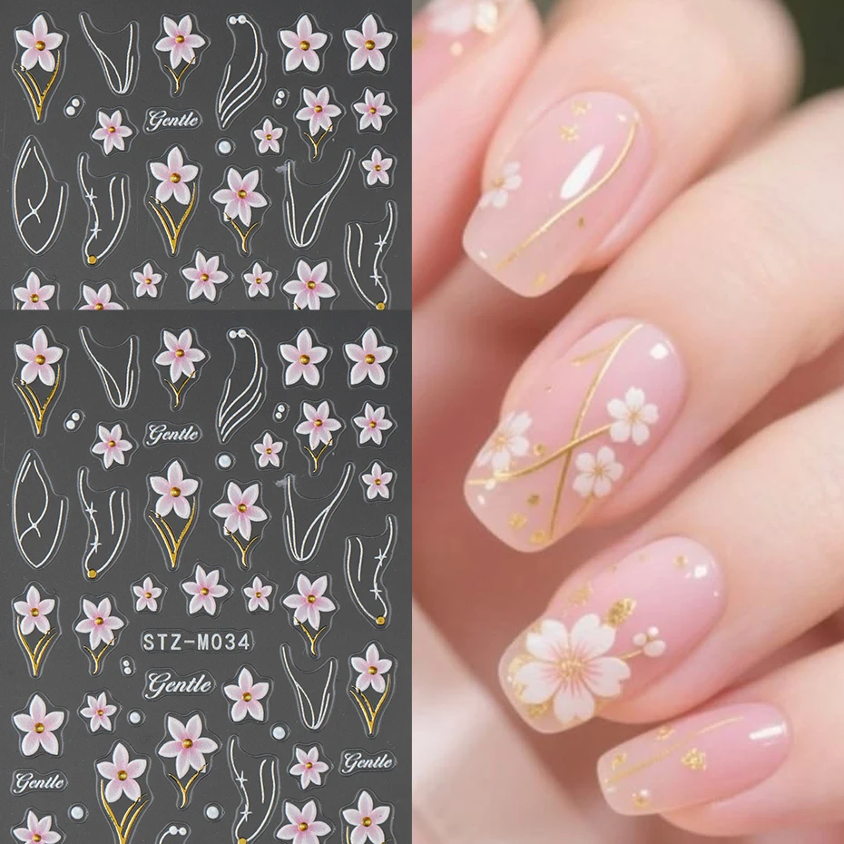 Geprägte Blumen-Nagelaufkleber - Rosa Hibiskusblüte mit Goldlinien-Design Selbstklebende Nagelsticker für Nageldekoration DIY