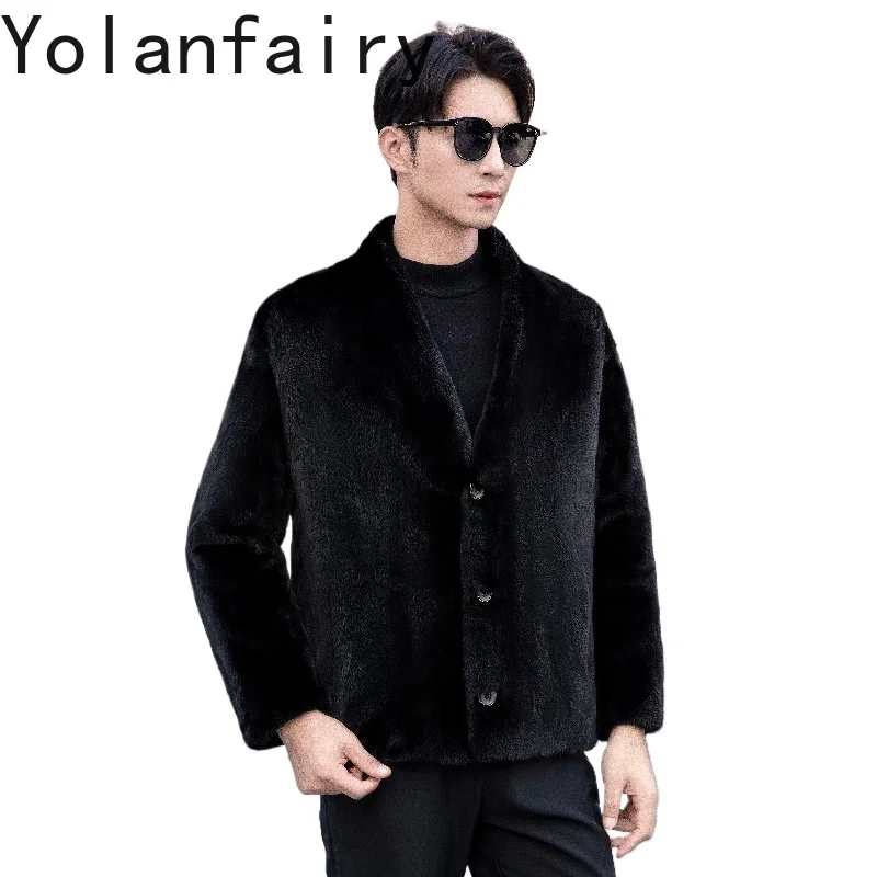 YOLANFAIRY Natural Fur Coat Men Clothing Luxury Winter 2025 Fashion V-neck Whole Mink Fur Jackets for Man Black Fur Coats Slim