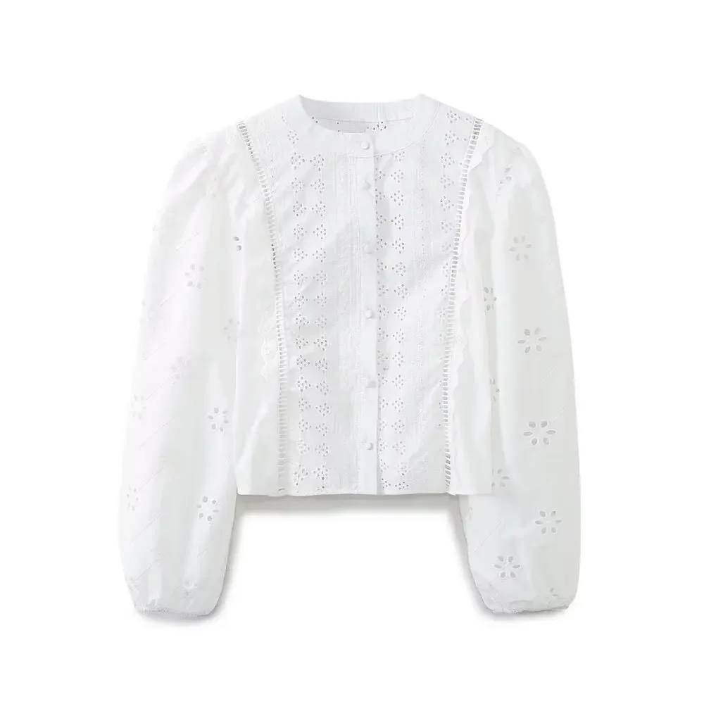 

Women's 2024 New Fashion Temperament Joker Openwork Embroidery O-neck Short Blouse Retro Button Shirt Chic Top.