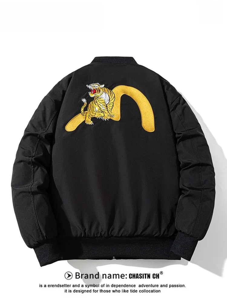 

Мужская зимняя хлопковая куртка 2025: Новая модная модель с вышивкой тигра, свободный крой, утепленная, для пар