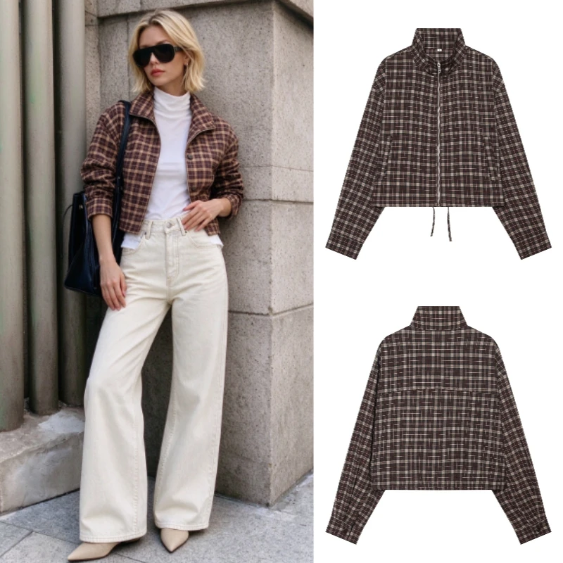 Women's Jacket 2026 Autumn New Arrival Dark Brown Plaid Long Sleeve Stand Collar Relaxed Fit Parka Casual Fashion Unique