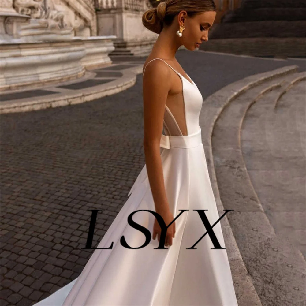 LSYX abito da sposa in raso con scollo a V e fiocco senza maniche semplice per le donne a-line Illusion Back Floor lunghezza abito da sposa su misura