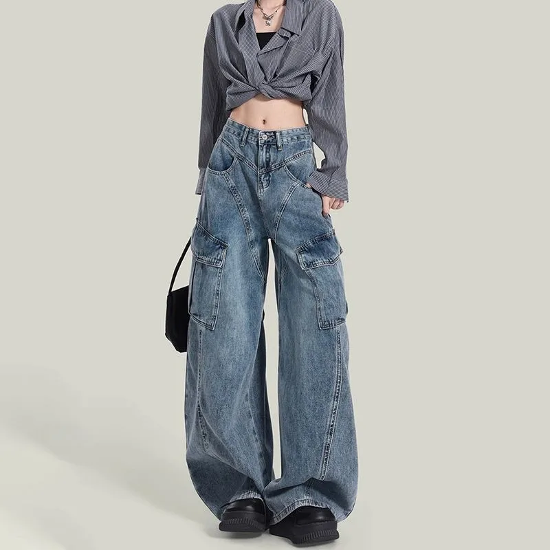 

Ropa Y2K 2021, модные винтажные синие мешковатые женские джинсы-карго, брюки для женской одежды, прямые свободные джинсовые брюки Cleanfit
