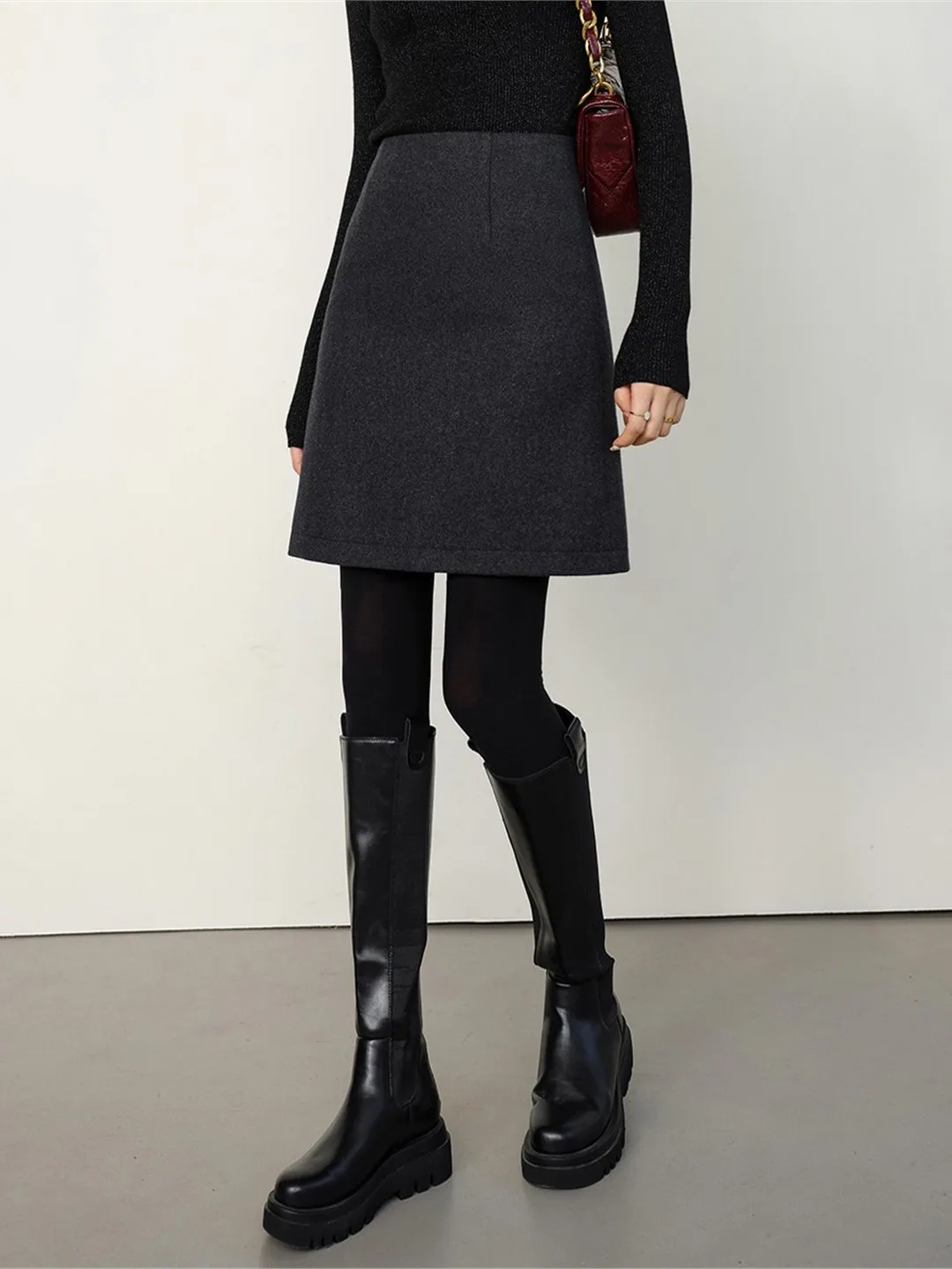 Slimming A-Line  Skirt Woolen Material Structured Autumn Winter New Style Small Size Women High Waist Commute Friendly