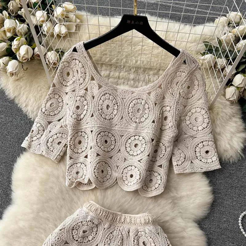 2024 Summer Thin Loose Knitted -Sleeved Shirt Crocheted Hollow Out Short Pants Bohemian Vacation Suit Women