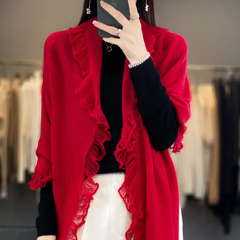 

Autumn And Winter New Pure Wool Shawl Knitted Dual-Purpose Fashion Temperament Warm Tassel Cardigan Scarf